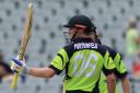 Ireland's captain William Porterfield acknowledges his fifty runs during their Cricket World Cup Pool B match against Pakistan in Adelaide, Australia, Sunday, March 15, 2015. (AP Photo/James Elsby). (20676846)