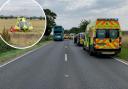 Emergency vehicles at the scene of the crash in July 2019 and, inset, the the air ambulance