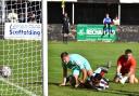 Guisborough 'keeper Will Cowey lays stranded as Steven Yawson scores Kendal’s second goal Picture: DAN CLARK