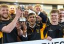 Rishi Sunak with members of Wensleydale RUFC 1st XV and the Yorkshire 2 championship trophy