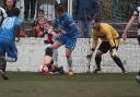 ROUTE BLOCKED: Darlington’s Jordan Robinson and keeper Mark Bell thwart a Radcliffe Borough attack. Picture: Les Hodge