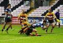 Warren Seals, seen here scoring on his Mowden Park debut against Richmond in November, landed five of seven conversions in the 45-29 win over Ampthill last Saturday