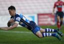 Mowden Park's Peter Homan dives over the line for his first try of the afternoon during the National League Division One match against Hull Ionians last Saturday – Picture: MARK FLETCHER / SHUTTER PRESS