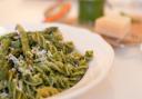 Asparagus pasta with spinach and rocket pesto