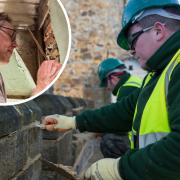 Workers renovate Auckland Castle. Inset: An army of people contributed to the project landing the regional planning award. Pictures: DURHAM COUNTY COUNCIL.