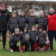 Darlington RFC girls under 13 team and coaches Chris Anderson, left, and Andrew Stubbs Picture: DAVE MORGAN