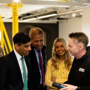 Rishi Sunak talks to AmbaSat’s Martin Platt, right, about his satellite kits, with the CEO of Barclays C.S. Venkatakrishnan and Amy Morgan, manager of Barclays Eagle Lab Northallerton