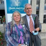 Angela and Michael Green outside Darlington town hall where they spoke about the Blackwell Parkland, with Cllrs Matthew Snedker (inset, left) and Nigel Boddy (inset, right). Pictures: Gareth Lightfoot.