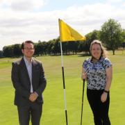 Ladies European Tour golfer Ellie Givens with St Teresa’s Hospice marketing manager John Paul Stabler at Blackwell Grange Golf Club which is hosting a competition for the charity