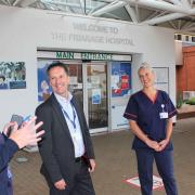 Rishi Sunak celebrating with Friarage staff, from left, operating theatre manager Sarah Baker, chief medical officer Mike Stewart, and matron Vicki Davidson