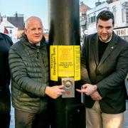 Inspector Matt Plumb, Chris Knox Community Safety Programme Manager for DBC, Cllr Mike Renton and Paul Branch CCTV Manager with the new Help Point button in Darlington.