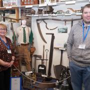 War time farming implements with volunteer stewards Janice Mahoney and Alexander de Marco at Guisborough Museum