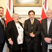 Matt Vickers, left, welcomed Lin and Rob Simpson to Parliament for an event hosted by Veterans Minister Johnny Mercer, third from left