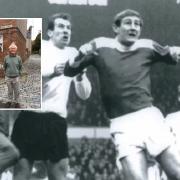 Bill Gates challenging for a header in his playing days and, inset, standgin on the Ferryhill street he grew up on