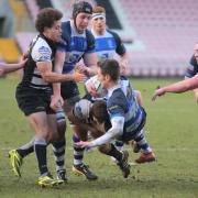 UNDER PRESSURE: Mowden Park’s Gav Painter is tackled by the Luctonians’ opposition on Saturday