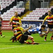 Warren Seals, seen here scoring on his Mowden Park debut against Richmond in November, landed five of seven conversions in the 45-29 win over Ampthill last Saturday