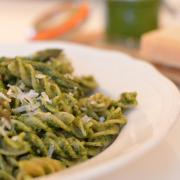 Asparagus pasta with spinach and rocket pesto