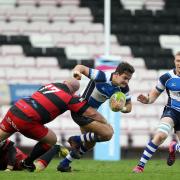 Chris Auld of Mowden Park is tackled by Moseley's Adam Caves – Picture: MARK FLETCHER/SHUTTER PRESS