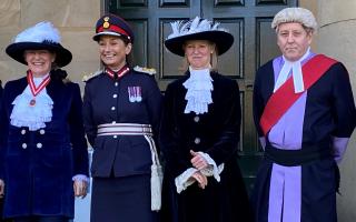 At York Crown Court: (left to right) the new High Sheriff, Dr Ruth Smith; the Lord Lieutenant of North Yorkshire, Johanna Ropner; the outgoing High Sheriff, Clare Granger; the Recorder of York, Judge Sean Morris