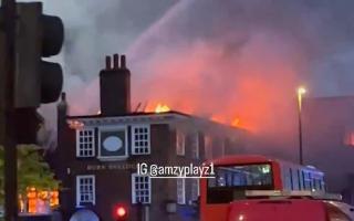 Picture taken with permission from the Instagram feed of @amzyplayz1 showing the historic Burn Bullock pub on fire in Mitcham (@amzyplayz1/PA)