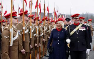 Queen Camilla during her to visit to the Royal Lancers regiment, her first visit to the regiment since being appointed as their Colonel-in-Chief, at Munster Barracks, Catterick Garrison