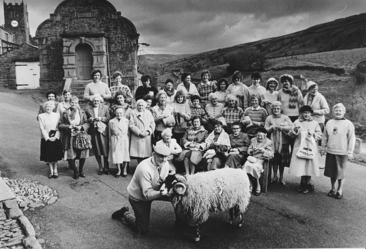 The hand knitters of Swaledale Woollens gather for a commemorative picture, 1989