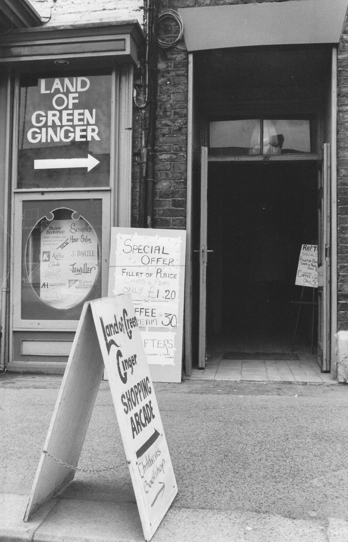 The Land of Green Ginger shopping arcade in Bedale offers plaice, chips and peas for £1.20 in May 1985