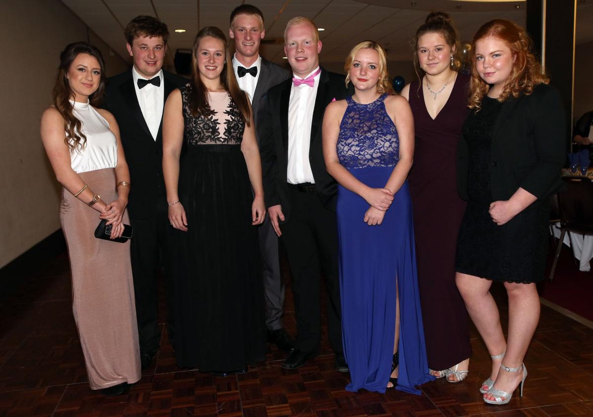 The Stockton Young Farmers' 85th Anniversary Do at The Northern Echo Arena in Darlington. Emma Carter, Henry Hutchinson, Sarah Parsons, David Parsons, Joe Peacock, Olivia Conner, Emma Lawson and Georgia Peacock. Picture: CHRIS BOOTH