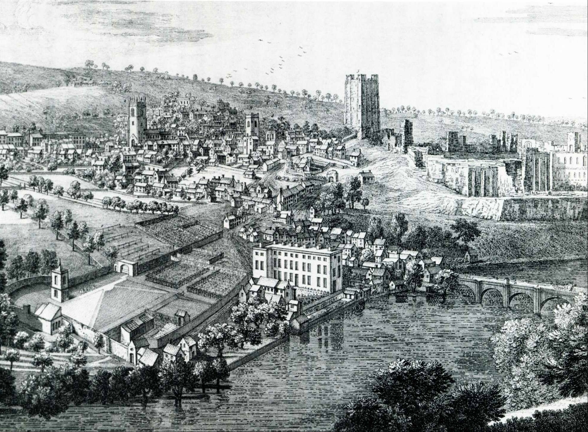 Richmond in 1749 with the castle dominating the background but the 15th Century Green Bridge, with four arches, at the bottom right. It was washed away in 1771