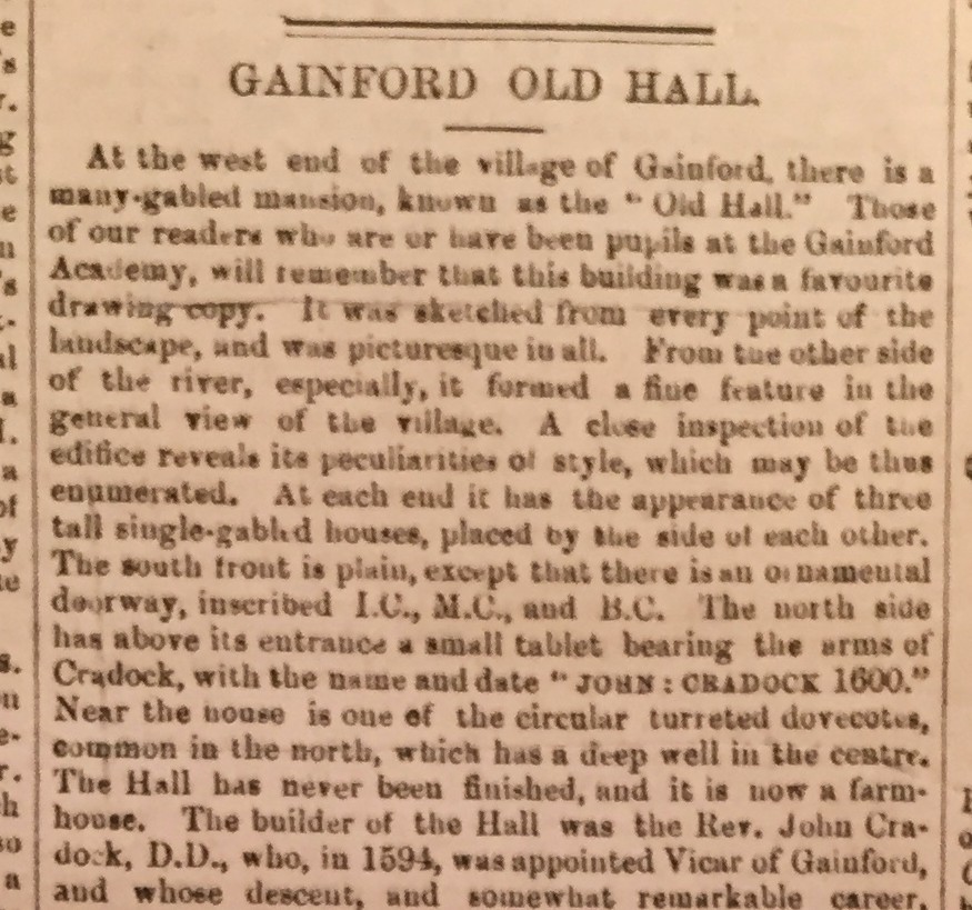 How the D&S Times told the history of Gainford Hall in its edition in the first week of February 150 years ago