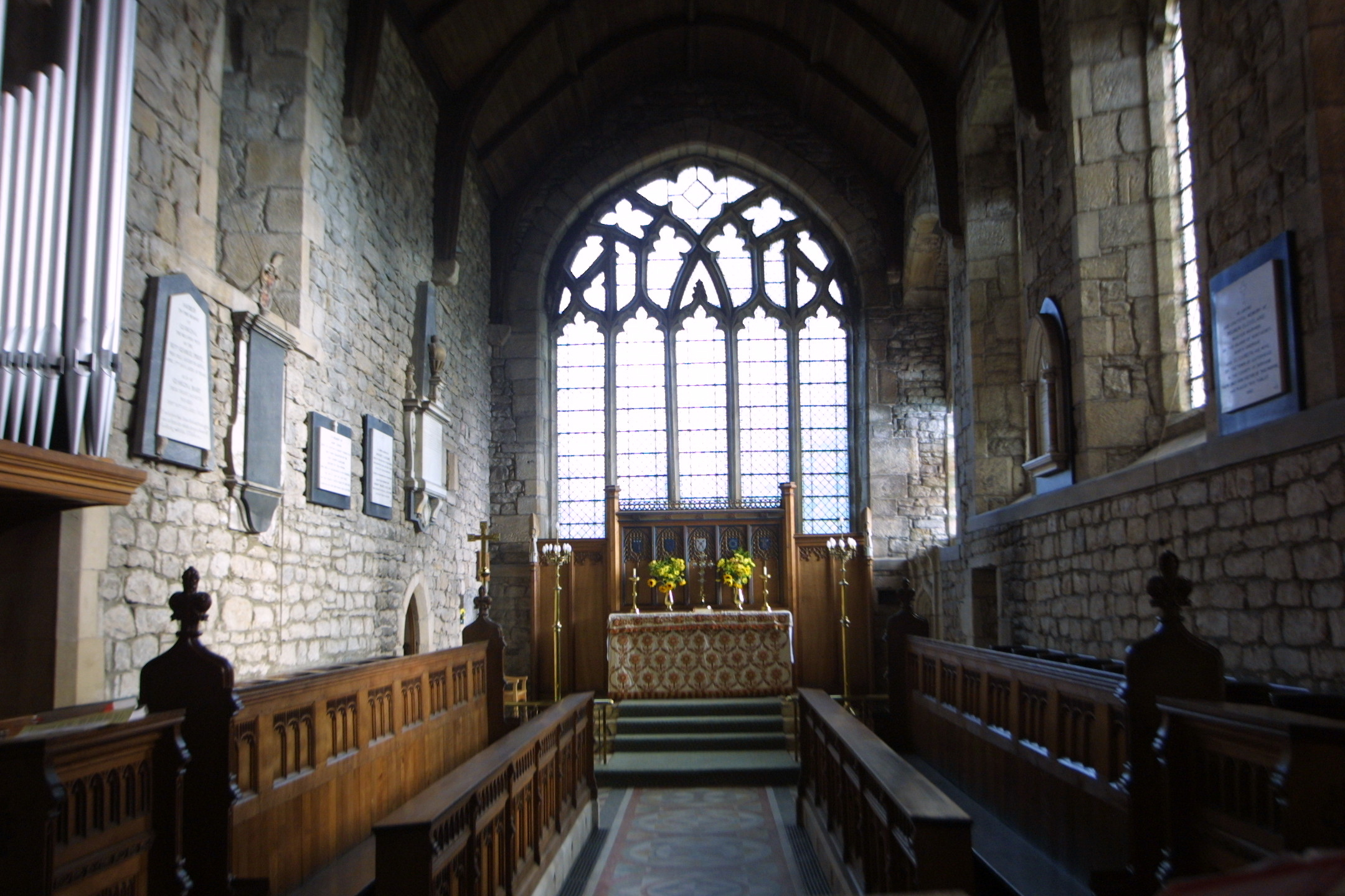 Inside Romaldkirk church. The plaque dedicated to Mary Louisa Cleveland, who died less than two years after her wedding, is on the left