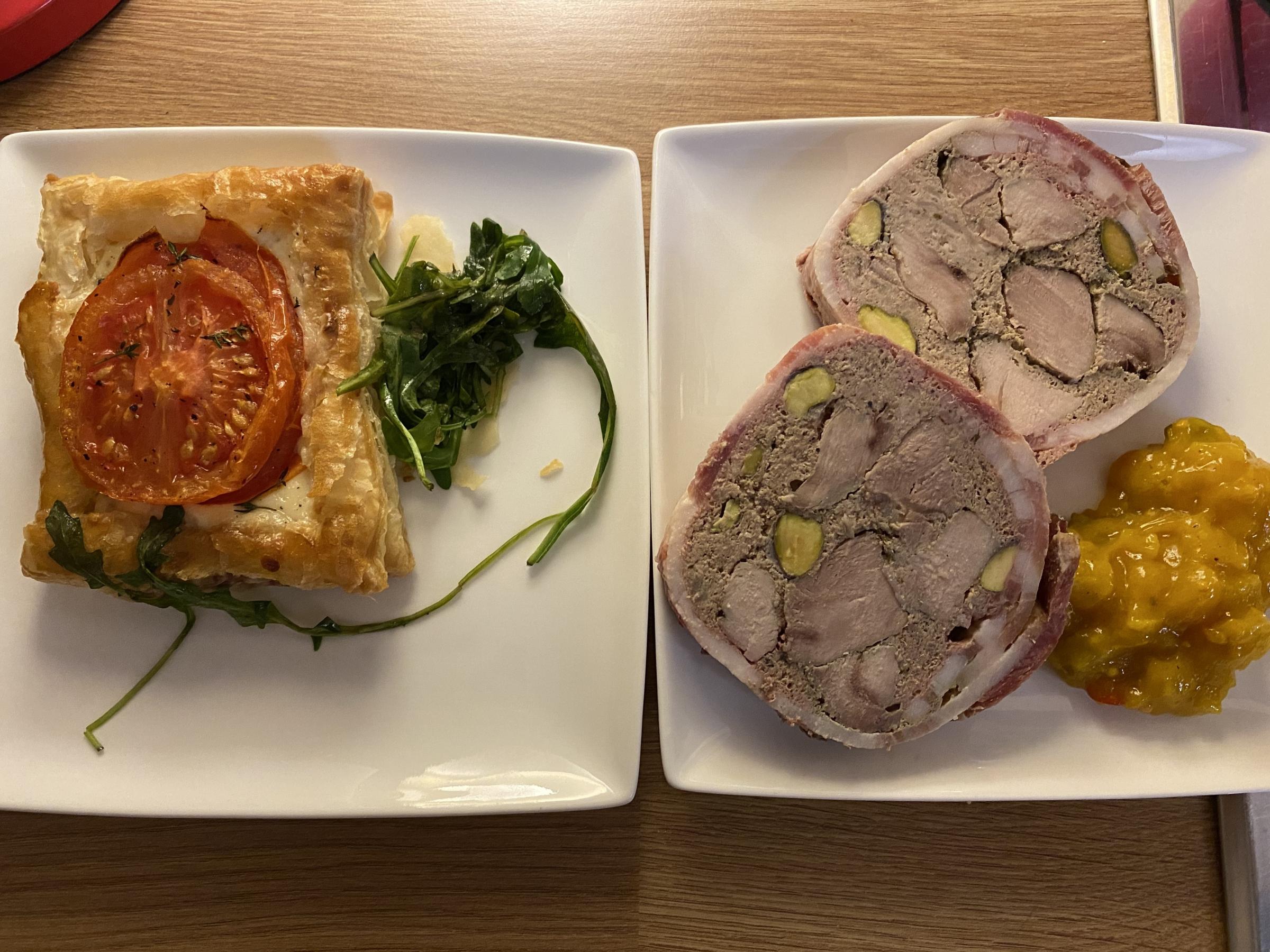 Our starters - a small tomato tart and the pheasant and pistachio terrine 