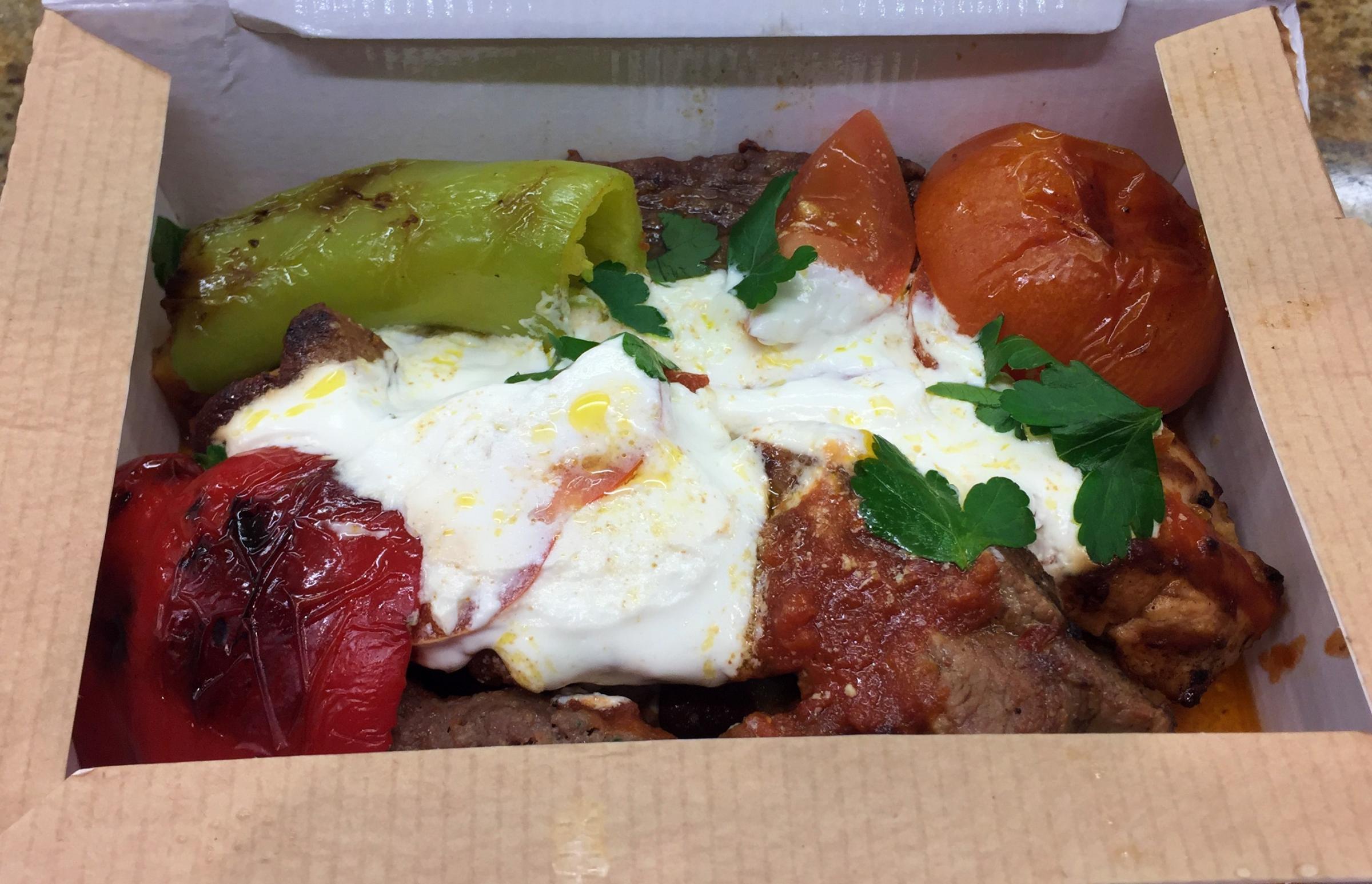 The top of the menu Iskender, £14, with a bit of everything: chicken, lamb, red pepper sauce, pitta bread, tomatoes, peppers...