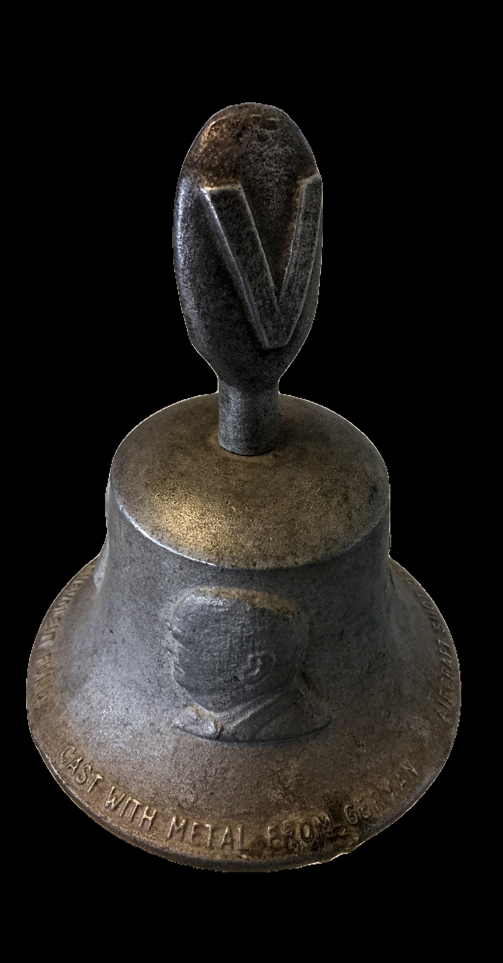 A Victory bell made out of aluminium alloy from German aircraft that had been destroyed during the Second World War. The bell, made in Buckinghamshire, features the heads of Churchill, Roosevelt and Stalin, plus a large V on the handle. Proceeds from