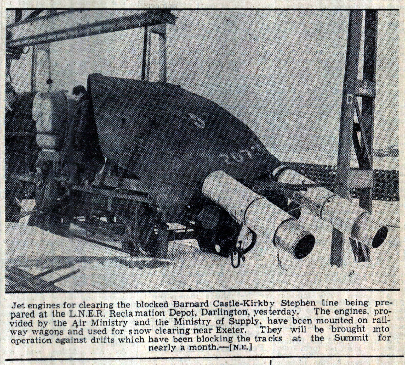 The Northern Echos front page photograph from March 1, 1947, showing the jet-powered track-clearing device