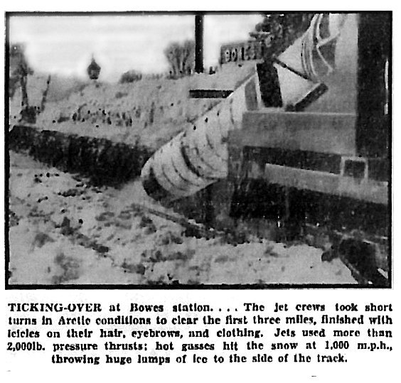 The jet-powered snowblower in March 1947 in Bowes station - you can see the station nameboard above the snowdrift in the background