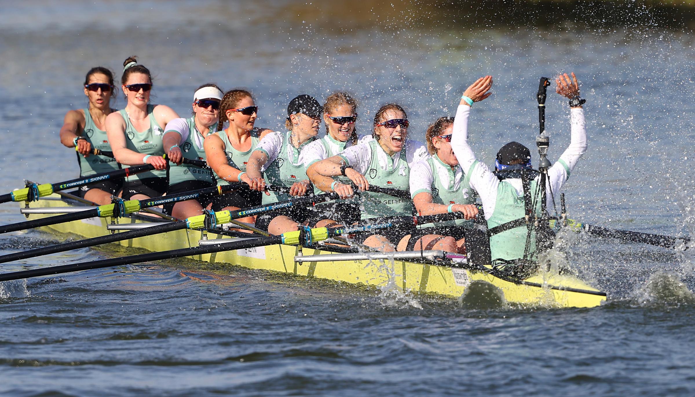 Cambridge celebrate winning the 75th Womens Boat Race on the River Great Ouse near Ely in Cambridgeshire