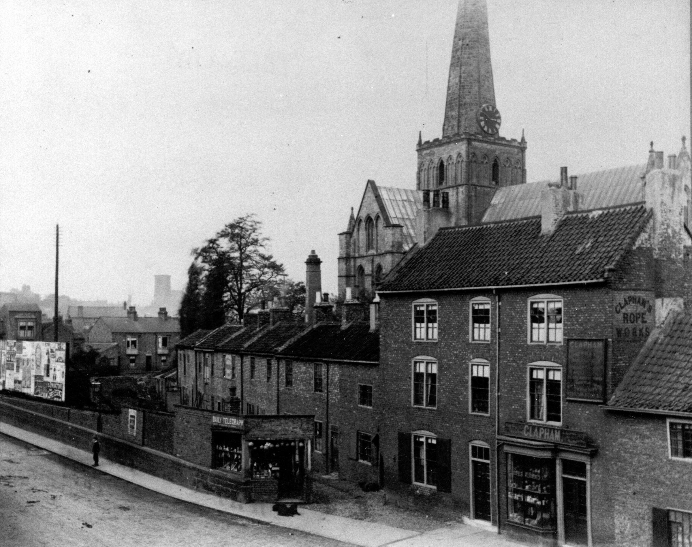 An 1890s picture of St Cuthberts Church, Darlington, from Tubwell Row. Bottom right is Ropery Walk and Claphams ropeworks. Most of these buildings were removed soon after the picture was taken and the Boer War memorial is now on St Cuthberts Green