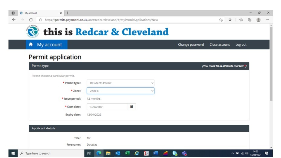 A screenshot from the Redcar and Cleveland Council website showing part of the application process for a new residents parking permit