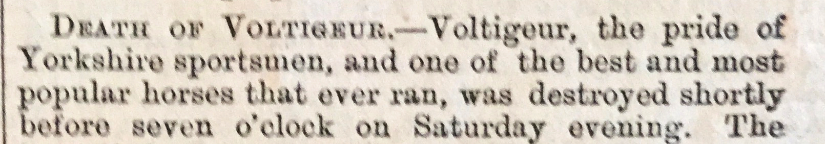 How the D&S Times reported the death of Voltigeur in February 1874