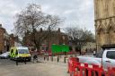 Film crews setting up outside York Minster to film The Crown last year