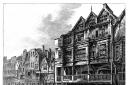 A house in Bridge Street, one of Chester's famous timber properties, as it appeared in 1808, etched by George Cuitt in 1809. Supporters of Cuitt marvel at his many figures which add considerable live to his scene. (Bree 1.50, Cheshire Archives and