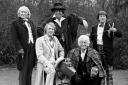 The five doctors who appeared in The Five Doctors, the 20th anniversary show in 1983 with Richard Hurndall on the left with Peter Davidson (seated on robot dog K-9), a waxwork model of Tom Baker, John Pertwee, and Patrick Troughton