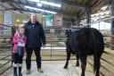 The prime cattle champion, a British Blue cross heifer sold by JM Townsend, of Laneshawbridge, with show judge Philip Gregory and his daughter