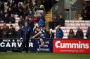 Warren Seals converts after Adam Radwan scores the first try of the game during the National Division 1 match between Darlington Mowden Park and Ampthill & District at the Northern Echo Arena, Darlington on Saturday 2nd December 2017. (Credit: