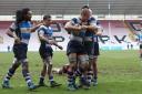 Mowden Park celebrate after Matt Heaton's try during the National Division 1 match between Darlington Mowden Park and Fylde Rugby Club at the Northern Echo Arena, Darlington on Saturday 14th April 2018. (Credit: Mark Fletcher | Shutter