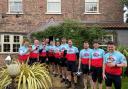 : The Eddisons team in York and at the Bluebell Inn in Alne, on their 80-mile cycle ride from Scarborough to Knaresborough