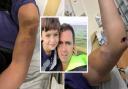 Robert Mochrie, 40, waited for two-and-a-half-hours for an ambulance in extreme pain after a horror cycling accident. Pictured: Robert, his injuries, and son Thomas, 12.