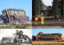 Top, The Basic Oxygen Steelmaking (BOS) plant is brought down. Bottom, other work included the Blast Furnace and Sinter Plant
