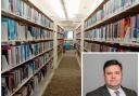 Library shelves and (inset) Redcar and Cleveland Council leader Alec Brown